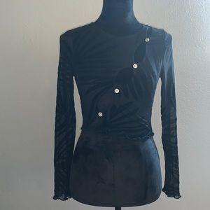 Black open sheer crop top with flower diamond buttons